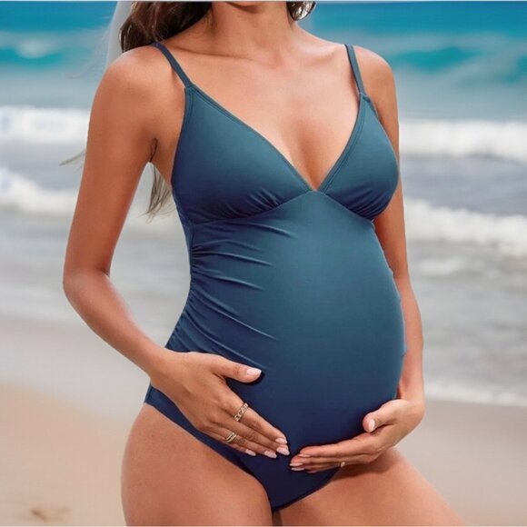 Cupshe Maternity One Piece Swimsuit Medium Dark Blue V-Neck Ruched Tummy Support - Picture 2 of 11